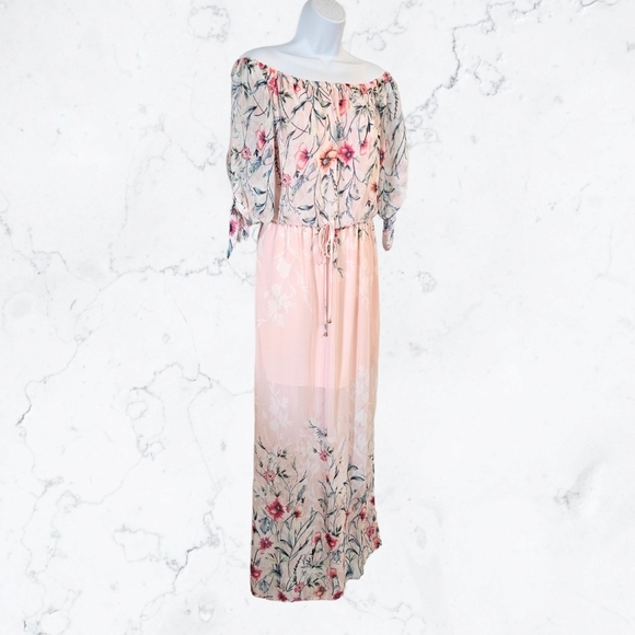 City Studio Pink Floral Off the Shoulder Chiffon Maxi Dress - Picture 3 of 7